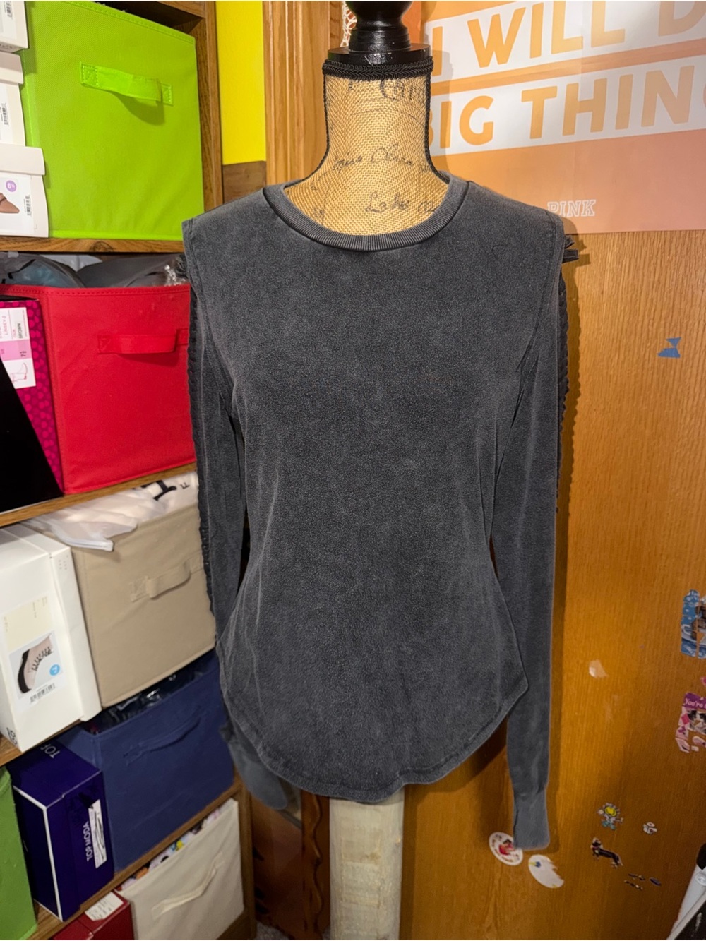 Washed Charcoal Long-Sleeve Crochet-Trim Top - Picture 5 of 12
